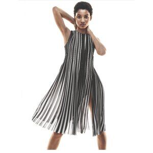 $3990 Akris 48 US 16 Silk Striped Pleated Dress Black White Sheer Sleeveless